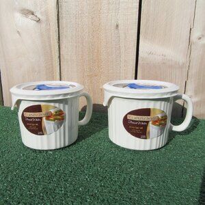 Set of 2 Brand New CorningWare French White 20 oz Soup Mugs w/ Vented Lids